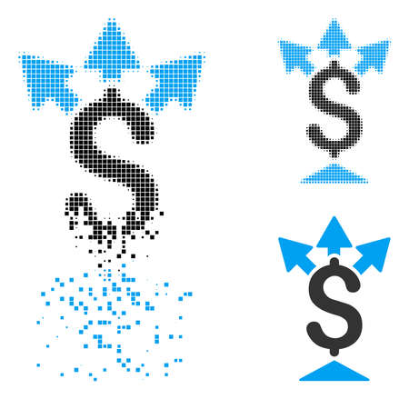 Split payment icon in dissipating, pixelated halftone and undamaged solid versions. Points are organized into vector disappearing split payment icon. Disintegration effect involves square particles.のイラスト素材