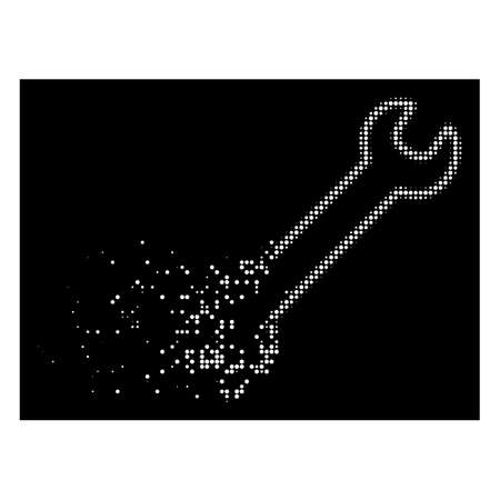 Contour wrench icon with dispersed effect on black background. White points are arranged into vector dispersed halftone contour wrench symbol. Disappearing effect involves small round fragments.のイラスト素材