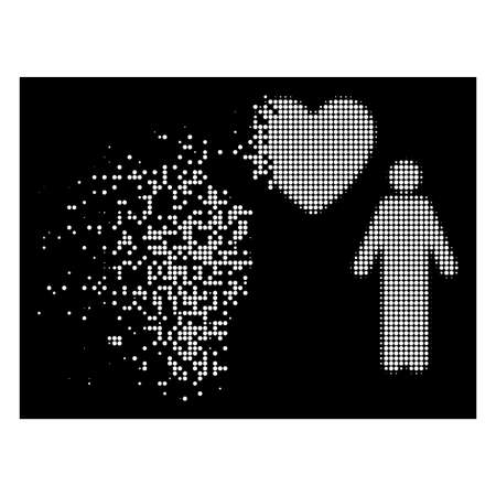 Gay lovers icon with disappearing effect on black background. White elements are organized into disappearing halftone gay lovers shape. Disintegration effect involves small round particles.のイラスト素材