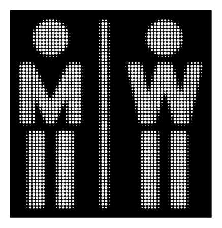 Halftone dotted WC persons icon. White pictogram with dotted geometric pattern on a black background. WC persons icon organized of circle spots.のイラスト素材