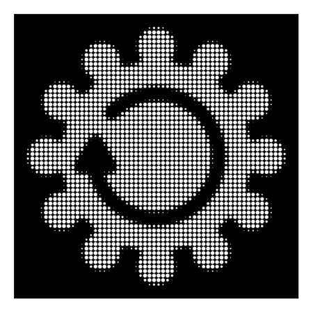 Halftone pixel cog rotation icon. White pictogram with pixelated geometric structure on a black background. Vector cog rotation icon composed of rounded points.のイラスト素材