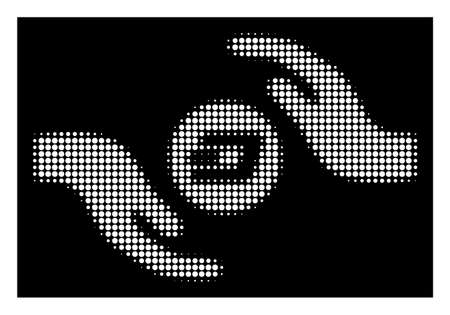 Halftone pixel Dash coin care hands icon. White pictogram with pixel geometric pattern on a black background. Vector Dash coin care hands icon combined of round blots.のイラスト素材