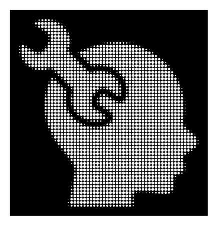 Halftone pixelated brain service wrench icon. White pictogram with pixelated geometric structure on a black background. Vector brain service wrench icon organized of circle items.のイラスト素材