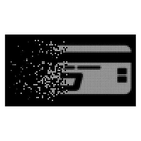 Dash bank card icon with fractured effect on black background. White particles are grouped into vector disappearing halftone Dash bank card symbol. Disappearing effect uses small round dots.のイラスト素材