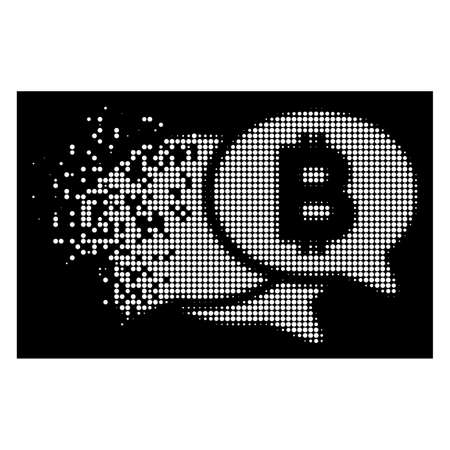 Bitcoin webinar icon with dissolving effect on black background. White fragments are combined into vector dispersed halftone Bitcoin webinar icon. Disappearing effect involves small round dots.のイラスト素材
