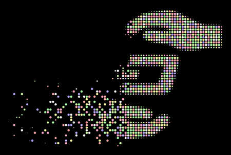 Dash care hands illustration with fractured effect in bright color tones on a black background. Light round elements are organized into vector disappearing halftone Dash care hands figure.のイラスト素材