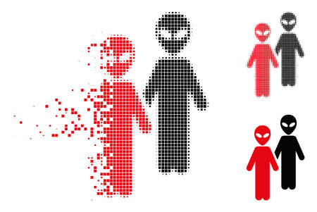 Aliens icon in dissolved, dotted halftone and undamaged solid variants. Points are organized into vector disappearing aliens icon. Disintegration effect involves square points.のイラスト素材