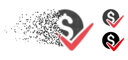 Approve payments icon in fractured, dotted halftone and undamaged solid variants. Points are organized into vector dissipated approve payments figure. Disappearing effect involves square points.のイラスト素材