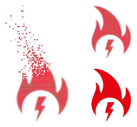 Electric fire icon in dispersed, pixelated halftone and undamaged entire versions. Particles are organized into vector dispersed electric fire form. Disintegration effect uses rectangular particles.のイラスト素材