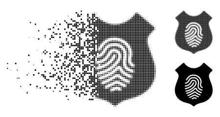 Fingerprint shield icon in dissolved, pixelated halftone and undamaged entire versions. Cells are grouped into vector disappearing fingerprint shield icon.のイラスト素材