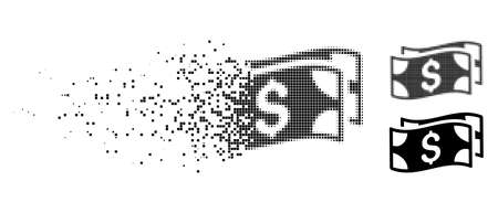 Waving dollar banknotes icon in dispersed, pixelated halftone and undamaged whole versions. Cells are organized into vector dissolving waving dollar banknotes icon.のイラスト素材