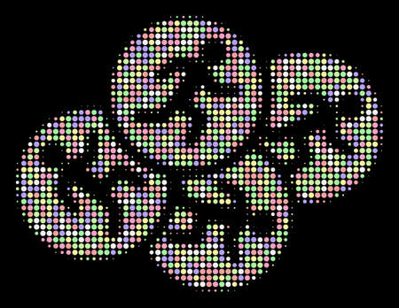 Running men composition of circle elements in bright shades on a black background. Vector round elements are united into halftone running men mosaic. Bright vector illustration.のイラスト素材