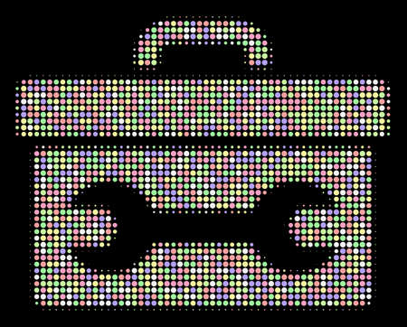 Toolbox composition of circle elements in bright color tints on a black background. Vector round elements are combined into halftone toolbox composition. Bright design concept.のイラスト素材