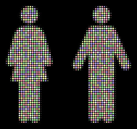 WC persons collage of circle elements in bright shades on a black background. Vector round elements are grouped into halftone WC persons illustration. Soft vector illustration.のイラスト素材