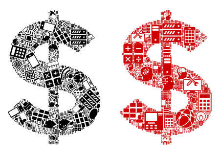 Dollar mosaic icons organized for bigdata illustrations. Vector dollar mosaics are composed from computer, calculator, connections, wi-fi, network icons into abstract illustration.のイラスト素材