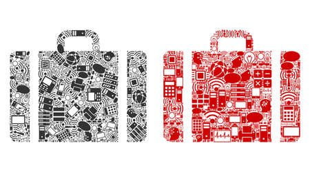 Baggage mosaic icons done for bigdata illustrations. Vector baggage mosaics are organized from computer, calculator, connections, wi-fi, network icons into abstract collages. Usual and red colors.のイラスト素材