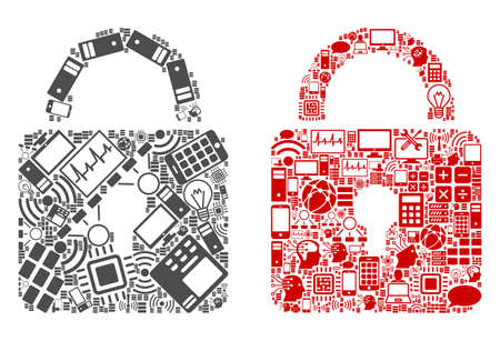 Lock composition icons combined for bigdata illustrations. Vector lock mosaics are combined from computer, calculator, connections, wi-fi, network icons into abstract patterns. Usual and red colors.のイラスト素材