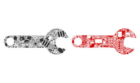 Spanner collage icons organized for bigdata purposes. Vector spanner mosaics are united from computer, calculator, connections, wi-fi, network icons into abstract illustration. Usual and red colors.のイラスト素材
