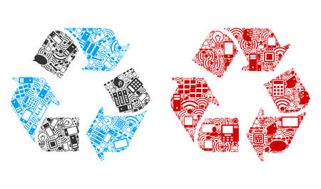 Recycle Arrows mosaic icons combined for bigdata purposes. Vector recycle arrows mosaics are composed from computer, calculator, connections, wi-fi, network icons into abstract patterns.のイラスト素材