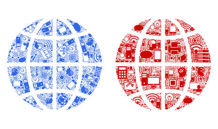 Planet Globe composition icons organized for bigdata purposes. Vector planet globe mosaics are combined from computer, calculator, connections, wi-fi, network icons into abstract compositions.のイラスト素材