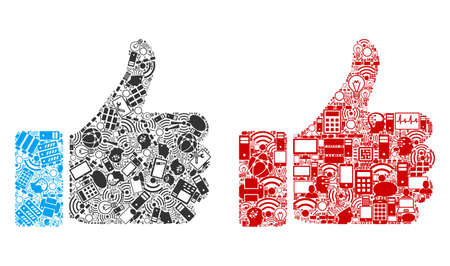 Thumb Up composition icons organized for bigdata illustrations. Vector thumb up mosaics are organized from computer, calculator, connections, wi-fi, network icons into abstract compositions.のイラスト素材