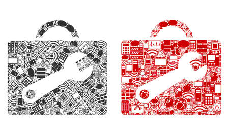 Tool Case mosaic icons combined for bigdata purposes. Vector tool case mosaics are combined from computer, calculator, connections, wi-fi, network elements into abstract compositions.のイラスト素材