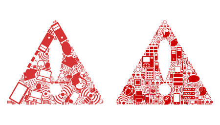 Warning mosaic icons designed for bigdata illustrations. Vector warning mosaics are organized from computer, calculator, connections, wi-fi, network icons into abstract collages. Usual and red colors.のイラスト素材