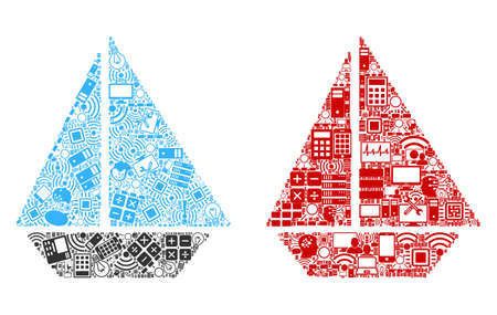 Yacht mosaic icons created for bigdata purposes. Vector yacht mosaics are composed from computer, calculator, connections, wifi, network icons into abstract collages. Usual and red colors.のイラスト素材