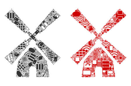 Wind Mill collage icons combined for bigdata purposes. Vector wind mill mosaics are composed from computer, calculator, connections, wifi, network icons into abstract patterns. Usual and red colors.のイラスト素材
