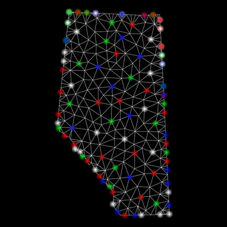Bright mesh Alberta Province map with glow effect. Wire carcass polygonal mesh in vector format on a black background. Abstract 2d mesh designed with polygonal grid, dots, colored light spots.のイラスト素材