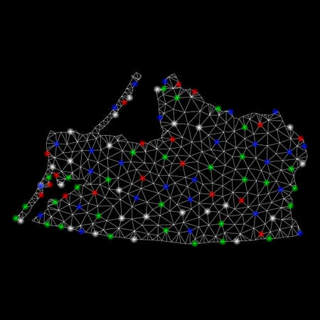 Bright mesh Kaliningrad Region map with lightspot effect. Wire frame polygonal network in vector format on a black background. Abstract 2d mesh designed with polygonal grid, points,のイラスト素材