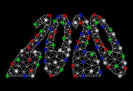 Bright mesh 2020 perspective text with glare effect. White wire frame triangular mesh in vector format on a black background. Abstract 2d mesh designed with triangles, points, colorful glare spots.のイラスト素材