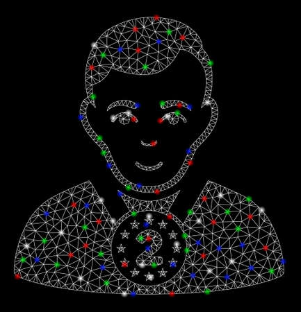 Bright mesh 2nd prizer sportsman with glow effect. White wire frame polygonal mesh in vector format on a black background. Abstract 2d mesh designed with polygonal grid, dots, colorful flare spots.のイラスト素材