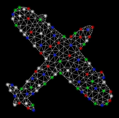 Bright mesh aeroplane with glow effect. White wire frame triangular mesh in vector format on a black background. Abstract 2d mesh designed with triangular lines, points, colorful light spots.のイラスト素材