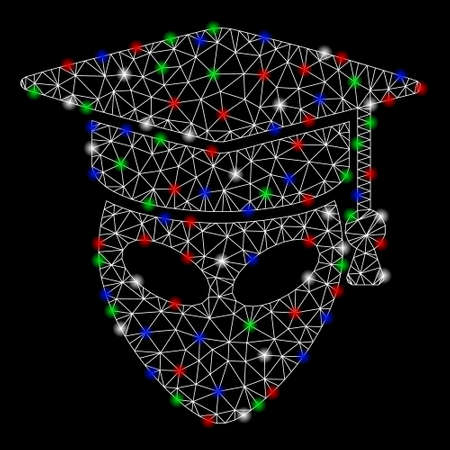 Bright mesh alien scientist with glare effect. White wire carcass triangular mesh in vector format on a black background. Abstract 2d mesh designed with triangular lines, small circle,のイラスト素材