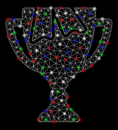 Bright mesh award bowl with glare effect. White wire frame triangular mesh in vector format on a black background. Abstract 2d mesh created from triangular lines, spheric points, colorful flare spots.のイラスト素材