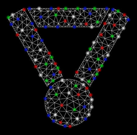 Bright mesh award medal with glare effect. White wire frame triangular mesh in vector format on a black background. Abstract 2d mesh built from triangular lines, spheric points, colorful glare spots.のイラスト素材