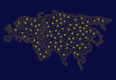 Bright yellow mesh Europe and Asia map with glare effect. Wire carcass triangular network in vector format on a dark black background. Abstract 2d mesh designed with triangular lines,のイラスト素材