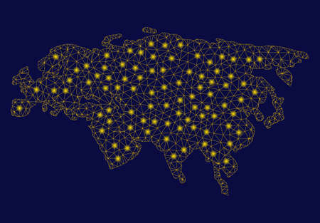 Bright yellow mesh Eurasia map with glow effect. Wire carcass triangular mesh in vector format on a...