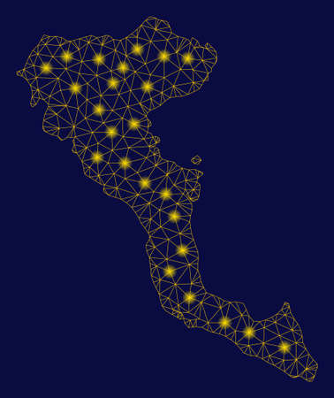 Bright yellow mesh Greek Corfu Island map with glare effect. Wire frame polygonal mesh in vector format on a dark black background. Abstract 2d mesh designed with triangles, small circle,のイラスト素材