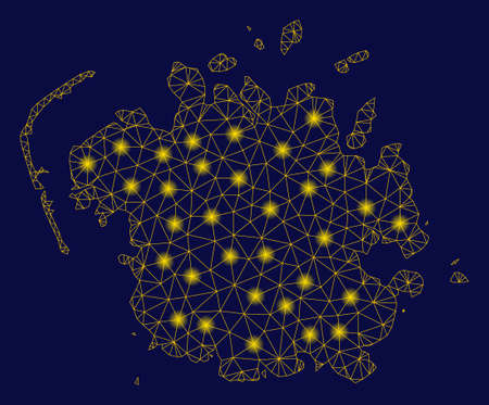 Bright yellow mesh Micronesia island map with glare effect. Wire carcass polygonal mesh in vector  format on a dark black background. Abstract 2d mesh designed with polygonal grid, round dots,のイラスト素材