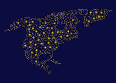 Bright yellow mesh North America map with glare effect. Wire carcass polygonal mesh in vector  format on a dark black background. Abstract 2d mesh created from triangular lines, dots,のイラスト素材