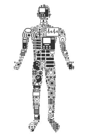 Human collage icon created for bigdata and computing purposes. Vector human mosaics are united from computer, calculator, connections, wifi, network, interface symbols into abstract collage.のイラスト素材
