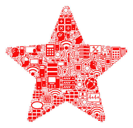 Star collage icon combined for bigdata and computing purposes. Vector star mosaics are composed from computer, calculator, connections, wi-fi, network, interface symbols into abstract collage.のイラスト素材