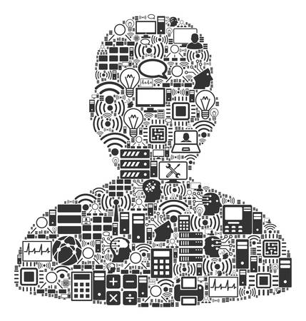 User collage icon constructed for bigdata and computing illustrations. Vector user mosaics are united from computer, calculator, connections, wi-fi, network, interface elements into abstract collage.のイラスト素材