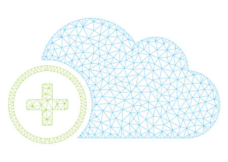 Mesh add cloud polygonal icon illustration. Abstract mesh lines and dots form triangular add cloud. Wire frame 2D polygonal line network in vector format isolated on a white background.のイラスト素材