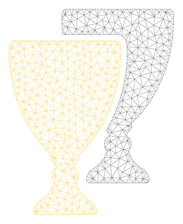 Mesh award cups polygonal 2d illustration. Abstract mesh lines and dots form triangular award cups. Wire frame 2D polygonal line network in vector format isolated on a white background.のイラスト素材