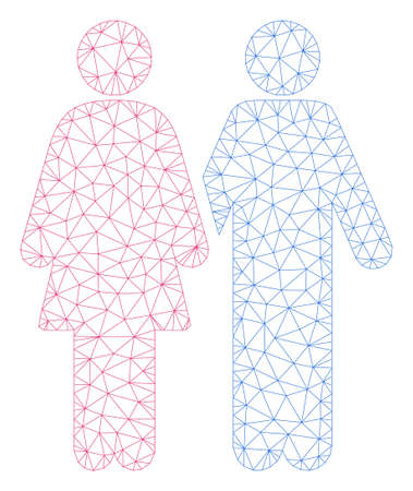 Mesh adult pair polygonal icon illustration. Abstract mesh lines and dots form triangular adult pair. Wire frame 2D polygonal line network in vector format isolated on a white background.のイラスト素材