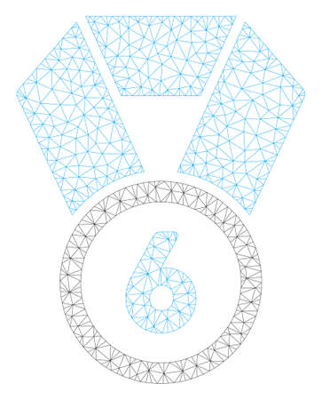Mesh 6th place medal polygonal icon illustration. Abstract mesh lines and dots form triangular 6th place medal. Wire frame 2D polygonal line network in vector format isolated on a white background.のイラスト素材
