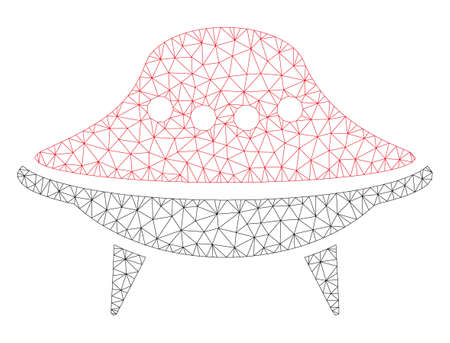 Mesh alien spaceship polygonal 2d illustration. Abstract mesh lines and dots form triangular alien spaceship. Wire frame 2D polygonal line network in vector format isolated on a white background.のイラスト素材